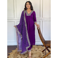 Navlik Women's Wine Viscose Embroidered Flared Kurta with Pant and Dupatta Sets (NK-457)