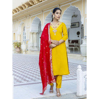 Navlik Women's Chanderi Embroidered Straight Kurta with Pant and Dupatta Sets (NK-561)