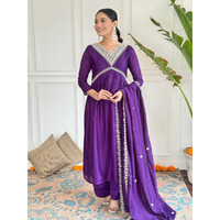 Navlik Women's Vichitra SIlk with Lining Embroidered Flared Kurta with Pant And Dupatta Sets (NK-581)