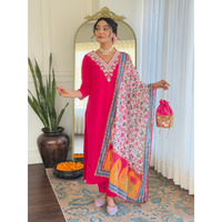 Navlik Women's Gajri Rayon Embroidered Straight Kurta with Rayon Pant and Silk Chiffon Printed Dupatta Sets (NK-621-$)