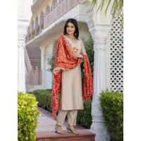 Navlik Women's Chiku BSY Viscose Embroidered Straight Kurta with BSY Viscose Pant and Silk Blend Embroidered Laced Dupatta Sets (NK-637)