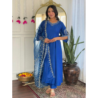 Navlik Women's Blue Viscose Silk Embroidered Flared Kurta with Viscose Silk Pant and Organza Embroidered Dupatta Sets (NK-641)