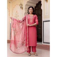 Navlik Women's Gajri Chanderi Embroidered Straight Kurta with Chanderi Pant and Organza Jacquard Dupatta Sets (NK-653)