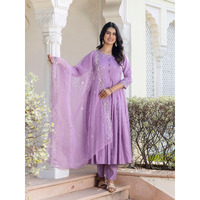 Navlik Women's Levender BSY Viscose Embroidered Flared Kurta with BSY Viscose Pant and Organza Embroidered Dupatta Sets (NK-654)