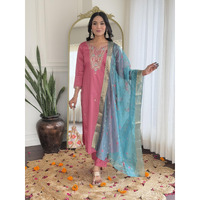 Navlik Women's Gajri Viscose Silk Embroidered Straight Kurta with Viscose Silk Pant and Jacquard Jacquard Dupatta Sets (NK-657)