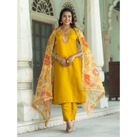Navlik Women's Mustard Chanderi Embroidered Flared Kurta with Chanderi Pant and Organza Embroidered Dupatta Sets (NK-M-Anushree)