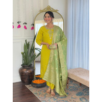 Navlik Women's Chanderi Viscose Embroidered Straight Kurta with Chanderi Viscose Pant and Jacquard Jacquard Dupatta Sets(M-Dhanashri)