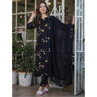 Navlik Women's Black Silk Blend Printed Straight Kurta with Silk Blend Pant and Nazneen Laced Dupatta Sets (NK-MV-613)