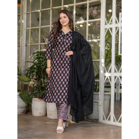 Navlik Women's Black Pure Cotton Printed Straight Kurta with Pure Organza Pant and Silk Kota Chex Dyed Dupatta Sets (NK-MV-615)