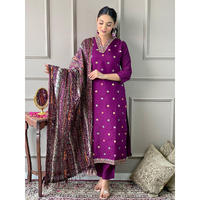Navlik Women's Chanderi Viscose Embroidered Straight Kurta with Pant And Dupatta Sets (MV-617)