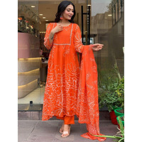 Navlik Women's Georgette Embroidered Flared Kurta with Pant And Dupatta Sets (MV-621)