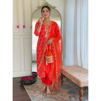 Navlik Women's French Crepe Embroidered Straight Kurta with Pant and Dupatta Sets (MV-625)