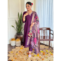Navlik Women's Chanderi Embroidered Straight Kurta Pant and Dupatta Sets (OR-k3)