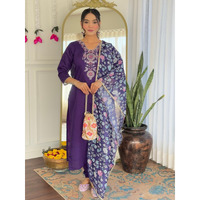Navlik Women's Chanderi Embroidered Straight Kurta with Pant and Dupatta Sets (OR-K98)