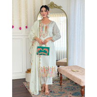 Navlik Women's Chanderi Viscose Floral Embroidered Straight Kurta Pant and Dupatta Sets (S-Anamika)
