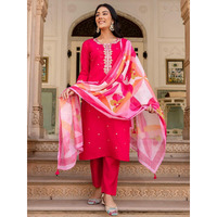 Navlik Women's Chanderi Viscose Embroidered Straight Kurta with Pant and Dupatta Sets (S-Charmi)