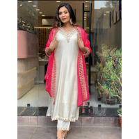 Navlik Women's White Chanderi Embroidered Straight Kurta with Chanderi Pant and Muslin Printed Dupatta Sets (NK-SC-Lak)