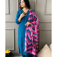 Navlik Women's Petrol Rayon Slub Embroidered Straight Kurta with Rayon Slub Pant and Organza Printed Dupatta Sets (NK-SC-Mahek)