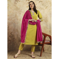 Navlik Women's Lemon Yellow Chanderi Silk Embroidered Straight Kurta with Chanderi Silk Pant and Chinon Laced Dupatta Sets (NK-SC-Zilmil)
