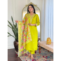 Navlik Women's Chanderi Viscose Embroidered Straight Kurta with Pant and Dupatta Sets (S-Pallavi)