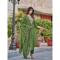 Navlik Women's Mahendi Chanderi Embroidered Straight Kurta with Chanderi Pant and Chanderi Printed Dupatta Sets (NK-SRS-103)