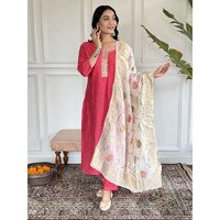 Navlik Women's Gajri Chanderi Embroidered Straight Kurta with Chanderi Pant and Silk Jacquard Dupatta Sets (NK-SRS-110)