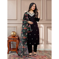 Navlik Women's Black Rayon Slub Embroidered Straight Kurta with Rayon Slub Pant and Taby Printed Dupatta Sets (NK-SRS-115-Black)