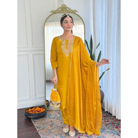 Navlik Women's Chanderi Viscose Embroidered Straight Kurta Pant and Dupatta Sets with 3/4 Sleeve Boat Neck Calf Length | Salwar Suit Set