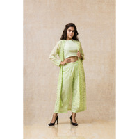 Pista Green Chikan Mukaish Viscose Georgette Jacket with Crepe Crop Top & Palazzo