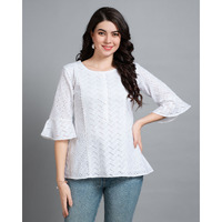 MOJILAA Women's White Pure Cotton Blend Bored Schiffli Embroidered A-line Top (Size: S, Color: White)