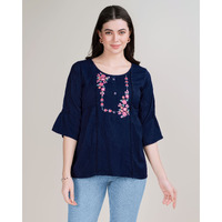 MOJILAA Women's Navy Blue Pure Viscose Rayon Floral Embroidered A-line Top