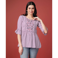MOJILAA Women's Mauve Pure Viscose Rayon Floral Embroidered Peplum Top