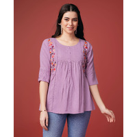 MOJILAA Women's Mauve Pure Viscose Rayon Floral Embroidered A-line Top