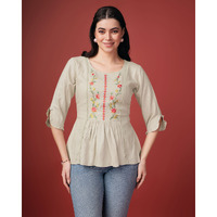 MOJILAA Women's Khaki Pure Viscose Rayon Floral Embroidered A-line Top