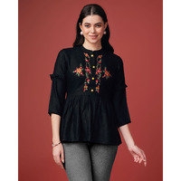 MOJILAA Women's Black Pure Viscose Rayon Floral Embroidered Flared Top