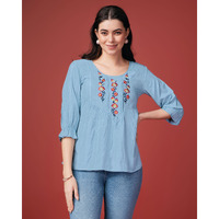 MOJILAA Women's Sky Blue Pure Viscose Rayon Floral Embroidered A-line Top