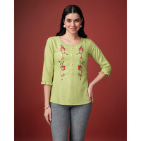 MOJILAA Women's Lime Green Pure Viscose Rayon Floral Embroidered A-line Top