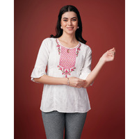 MOJILAA Women's White Pure Viscose Rayon Floral Embroidered A-line Top