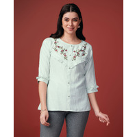 MOJILAA Women's Sky Blue Pure Viscose Rayon Floral Embroidered A-line Top