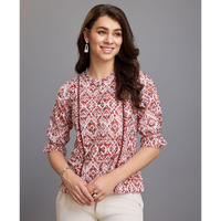 MOJILAA Women's Brown Pure Cotton Blend Ikat Bored Schiffli Embroidered A-line Top