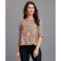 MOJILAA Women's Multicolor Pure Cotton Blend Geometric Bored Schiffli Embroidered A-line Top