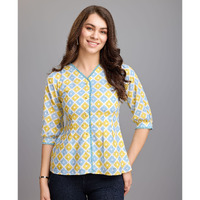 MOJILAA Women's Light blue Pure Cotton Blend Abstract Bored Schiffli Embroidered Shirt Style Top