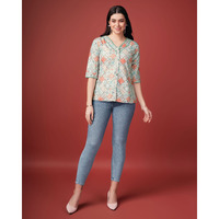 MOJILAA Women's Sea Green Pure Cotton Blend Geometric Bored Schiffli Embroidered Shirt Style Top