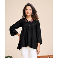MOJILAA Women's Black Pure Viscose Floral Embroidered Shirt Style Top