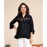 MOJILAA Women's Black Pure Viscose Floral Embroidered Shirt Style Top