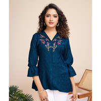 MOJILAA Women's Teal Pure Viscose Floral Embroidered Shirt Style Top