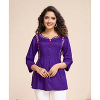 MOJILAA Women's Purple Pure Viscose Floral Embroidered Gathered or Pleated Top