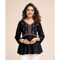MOJILAA Women's Black Pure Viscose Floral Embroidered Peplum Top