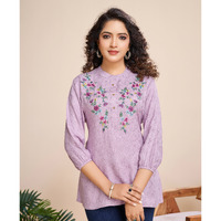 MOJILAA Women's Mauve Pure Viscose Floral Embroidered A-line Top