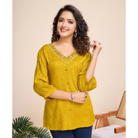 MOJILAA Women's Mustard Pure Viscose Floral Embroidered A-line Top